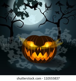 Vector Halloween illustration with full Moon, Jack O'Lantern, headstones and bats and crows