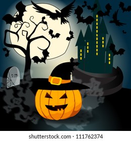 Vector Halloween illustration with full Moon, Jack O'Lantern, scary castle, headstones, bats and crows