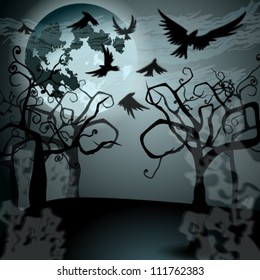 Vector Halloween illustration with full Moon, crows and creepy forest
