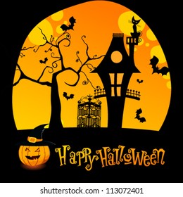 Vector Halloween illustration with full Moon, Jack O'Lantern, bats and haunted house