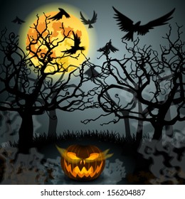 Vector Halloween illustration with full Moon, Jack O'Lantern, forest and crows