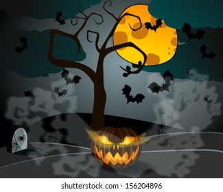 Vector Halloween illustration with full Moon, Jack O'Lantern, headstones and bats