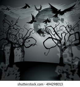 Vector Halloween illustration with full Moon, crows and creepy forest