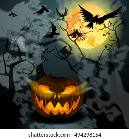 Vector Halloween illustration with full Moon, Jack O'Lantern, forest and crows