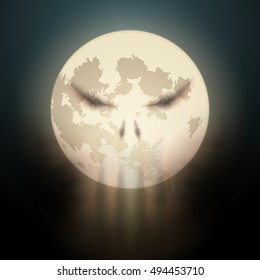 Vector Halloween illustration of full Moon with clouds in the shape of a skull
