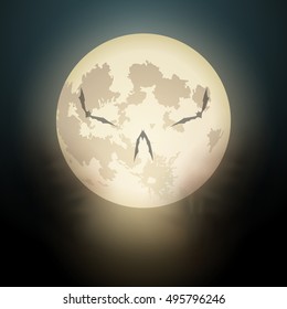 Vector Halloween illustration of full Moon with clouds and bats in the shape of a skull