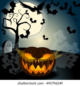 Vector Halloween illustration with full Moon, Jack O'Lantern, headstones and bats and crows