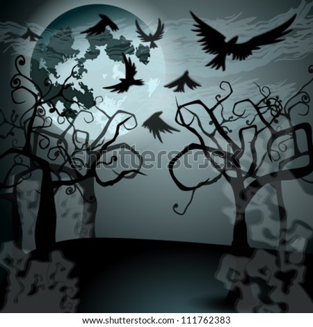 Vector Halloween illustration with full Moon, crows and creepy forest
