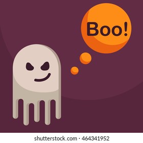 Vector halloween illustration with ghost. Flat style design. Ghost character saying "Boo!". Dark violet background.
