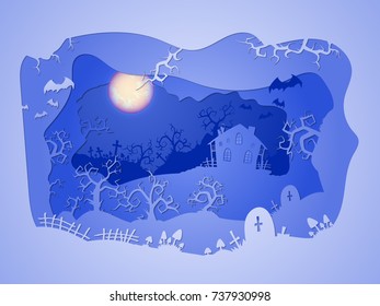 Vector Halloween illustration with grim cabin and graves on the night sky background with  full moon and bats. 3d layered stylization.