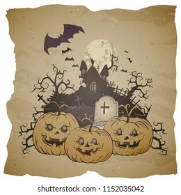 Vector Halloween illustration with grinning  Pumpkins, full moon graves and sinister castle on grunge background.