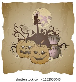 Vector Halloween illustration with grinning Pumpkins and castle on grunge background.