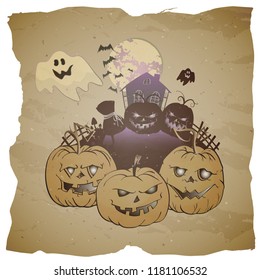 Vector Halloween illustration with grinning Pumpkins, abandoned house and ghosts on grunge background.