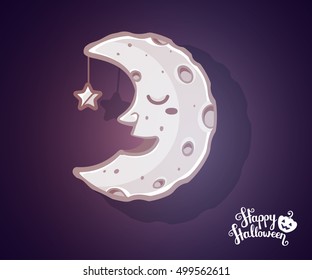 Vector halloween illustration of half light moon with craters, star and text happy halloween on dark background. Flat style design for halloween greeting card, invitation, poster, web, site, banner
