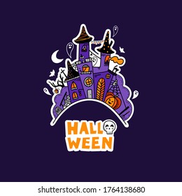 Vector Halloween illustration with hand drawn doodle witch castle. Halloween poster. Scary party invitation flyer template with horror symbols pumpkin bones skull ghost