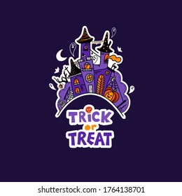 Vector Halloween illustration with hand drawn doodle witch castle. Halloween poster. Scary party invitation flyer template with horror symbols pumpkin bones skull ghost and trick and treat lettering