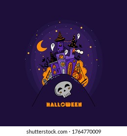 Vector Halloween illustration with hand drawn doodle witch castle. Halloween poster. Scary party invitation flyer template with horror symbols pumpkin bones skull ghost