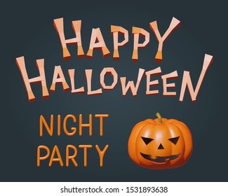 Vector Halloween illustration for happy night party with dark background and evil orange pumpkin, cute realistic smooth model. Greeting flyer with cutout pumpkin toy character for october banner.