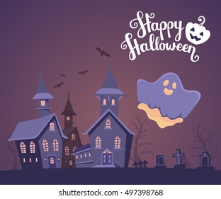 Vector halloween illustration of haunted house, cemetery, bats on dark background with trees, text, glowing ghost. Flat style design of scary castle for halloween greeting card, poster, web, banner