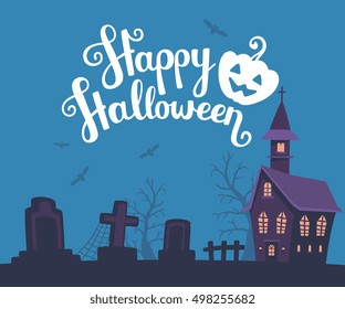 Vector halloween illustration of haunted house, cemetery, bats on dark blue background with trees, text, pumpkin. Flat style design of scary castle for halloween greeting card, poster, web, banner.