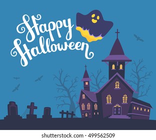 Vector halloween illustration of haunted house, cemetery, bats on dark blue background with trees, text, glowing ghost. Flat style design of scary castle for halloween greeting card, poster, web, site