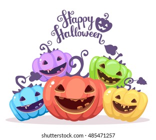 Vector halloween illustration of heap decorative pumpkins of different colors with eyes, smiles, teeth and text happy halloween. Flat style design for halloween greeting card, poster, web, banner