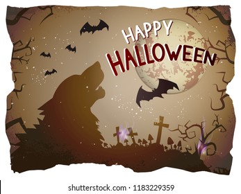 Vector Halloween illustration with howling wolf and hand drawn lettering on old torn paper background. 