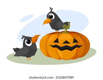 Vector Halloween illustration. Jack o Lantern. Holiday hand drawn art. One little crow standing on big carved pumpkin. Cut out scary face. Funny birds. Image for poster, banner layout, fall event ads