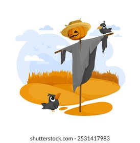 Vector Halloween illustration. Jack o Lantern. Birds in field surround tall scarecrow with big carved pumpkin head. Little cute ravens. Autumn farm landscape. Holiday elements set. Festive kids card