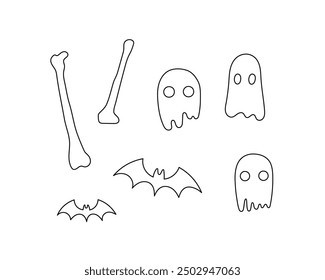 Vector Halloween illustration line set. Hand drawn ghosts, bats and bones isolated on a white background