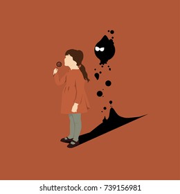 vector Halloween illustration of little girl and shadow ghost. 
Trick or treat poster, flat design