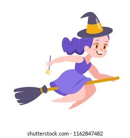 Vector Halloween illustration. Little witch girl flying on her broom. Isolated on white.