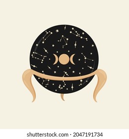 Vector halloween illustration of Magic ball with gold moon, half moon, crescent, stars, constellation and night sky inside. Hand drawn starlets. Picture for print, poster.