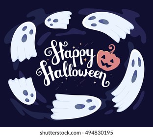 Vector halloween illustration of many white flying ghosts with eyes, mouths on dark blue background with clouds, words happy halloween and pumpkin. Flat style design for halloween card, poster, web