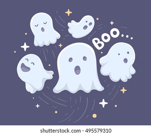 Vector halloween illustration of many white flying ghosts with eyes, mouths on dark blue background with stars. Flat style design for halloween greeting card, poster, web, site, banner
