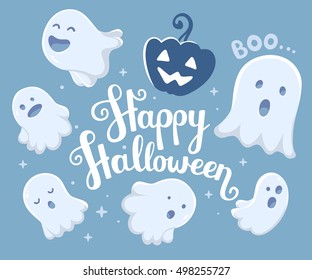 Vector halloween illustration of many white flying ghosts with eyes, mouths on light blue background with stars, words happy halloween and pumpkin. Flat style design for halloween card, poster, web