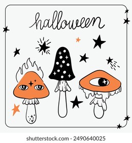 Vector halloween illustration with mushrooms, black stars and lettering. Mushrooms mystical set for halloween design, use as print, package, ivitation, sticker, element design, label, tattoo.