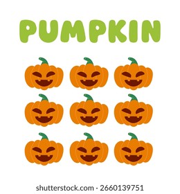 Ilustração de Halloween vetor com nove abóboras de desenho animado sorridente e letras de abóbora. Design divertido e alegre perfeito para projetos infantis, convites para festas e decorações sazonais.