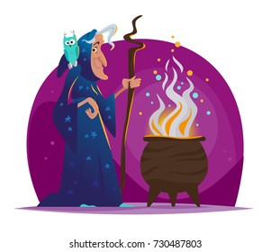 Vector Halloween illustration with old witch in dark blue cloak and owl sitting on her shoulder standing at big magic cauldron with poison isolated. Party flayer, banner, invitation design element.