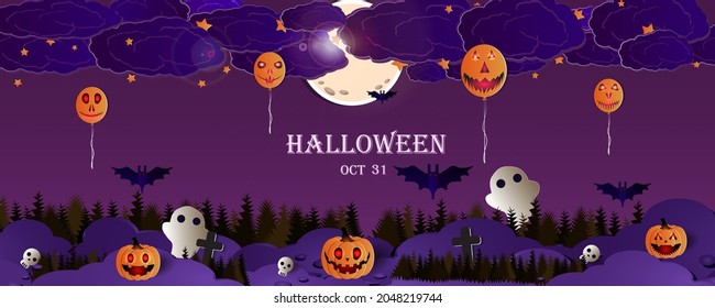 Vector Halloween illustration on a color background. Ghost, skull, bats, pumpkins, monster balloons, cobwebs. EPS 10.