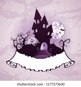 Vector Halloween illustration on grunge background with old torn banner with place for your text. Cartoon style.