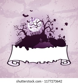 Vector Halloween illustration on grunge background with old torn banner with place for your text. Cartoon style.