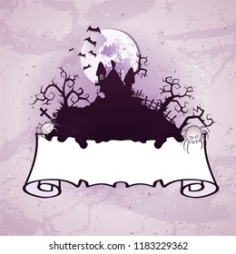 Vector Halloween illustration on grunge background with old torn banner with place for your text. Cartoon style.