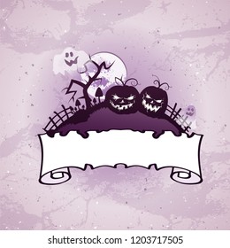 Vector Halloween illustration on grunge background with old torn banner with place for your text. Cartoon style.