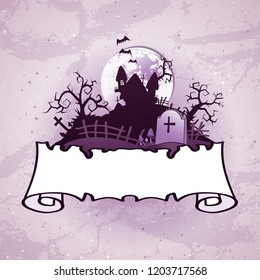 Vector Halloween illustration on grunge background with old torn banner with place for your text. Cartoon style.