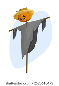 Vector Halloween illustration. One tall scarecrow with big pumpkin head in hat dressed in torn old cloth. Classic carved scary face. Jack o Lantern. Cute hand drawn art for banner, fall sale ad layout