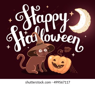 Vector halloween illustration with orange pumpkin, cat in witch hat, text happy halloween and moon on dark night background with stars. Flat style design for halloween greeting card, poster, web, site
