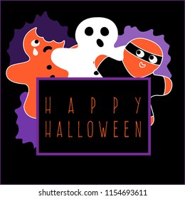 Vector Halloween illustration with phrase Happy Halloween and 3cartoon cookies in party costume of ghost, bitten gingerbread man and man in black