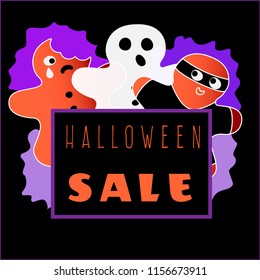 Vector Halloween illustration with phrase "Halloween Sale" and 3 cartoon cookies in party costume of ghost, bitten gingerbread man and man in black