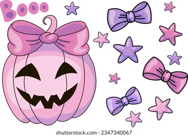 vector halloween illustration in pink color pumpkin skull bones sweets candy